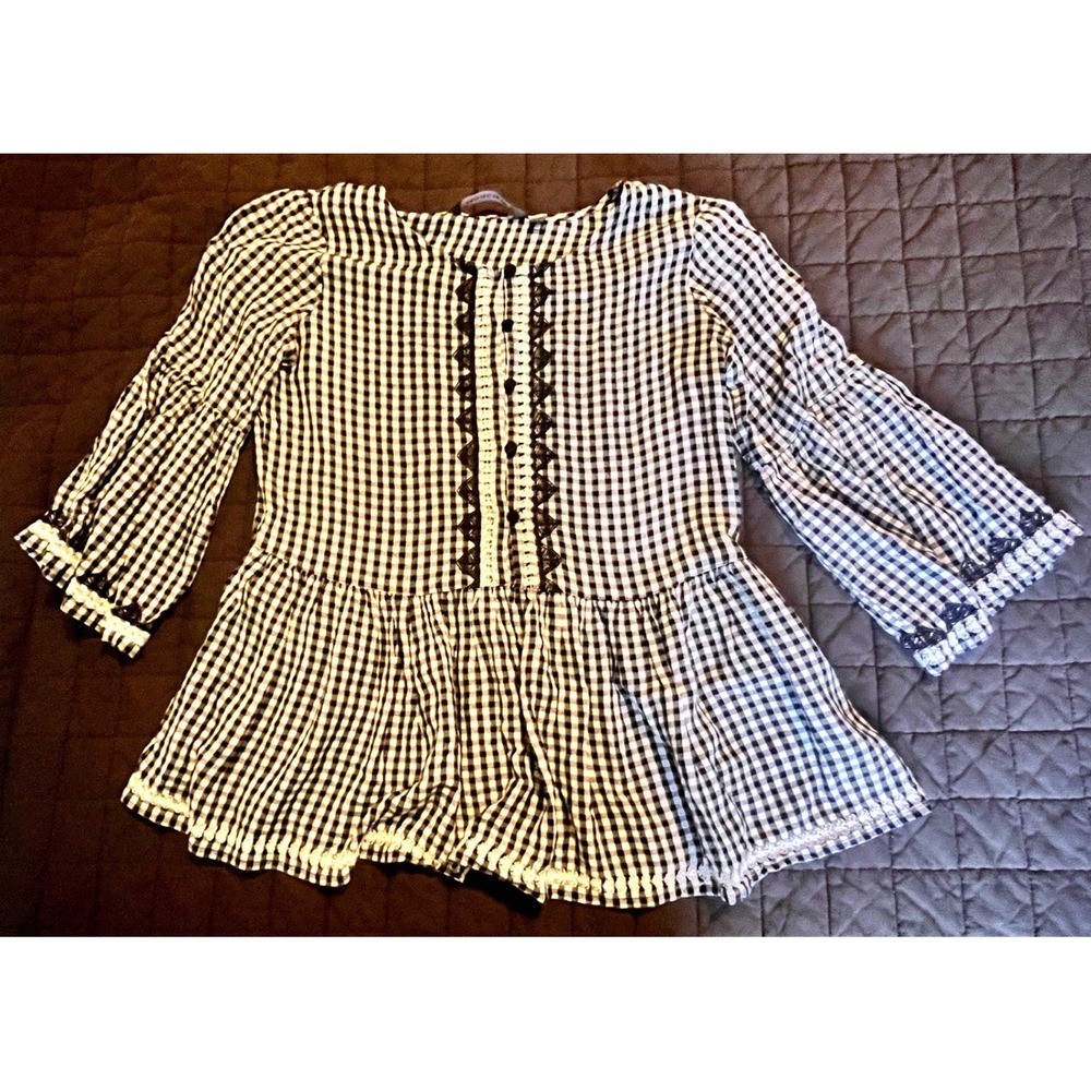 Project Eve Gingham Peplum Top Black White Lace Trim Long‎ Sleeve XS